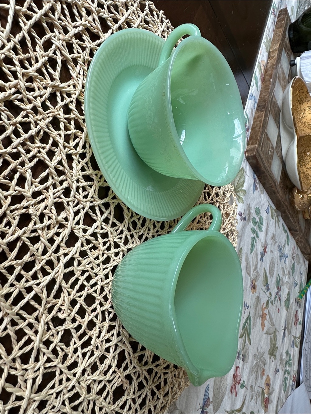 Vintage Fire-King Jadeite teacup/saucer & creamer